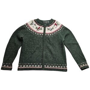 Croft & Barrow Womens S Green Silk Wool Zip Cardigan Bird Embroidered Christmas